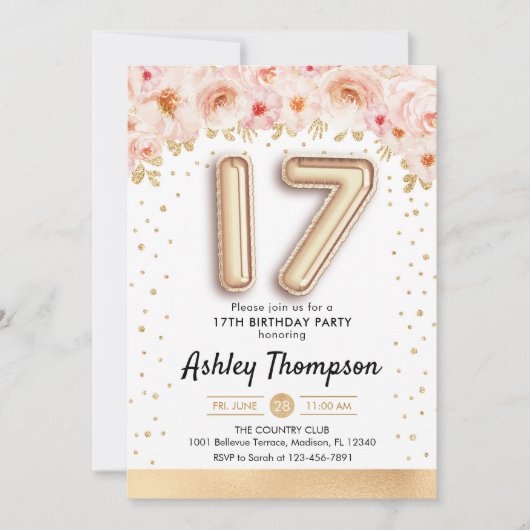 17. Geburtstagsparty - Goldene Ballons Einladung (Vorderseite)