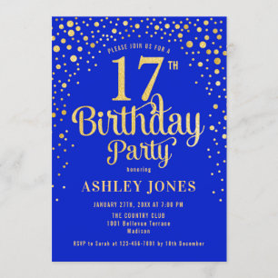 17. Geburtstagsparty - Royal Blue & Gold Einladung