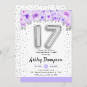 17. Geburtstagsparty - Silberballons Lila Einladung (Vorne/Hinten)