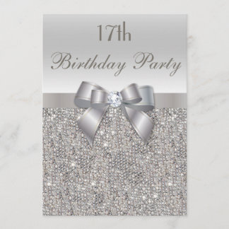17. Geburtstagsparty Silver Sequins, Bow & Diamond Einladung