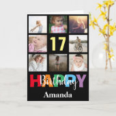 17. Happy Geburtstag Foto Collage Moderne Schwarz Karte (Gelbe Blume)