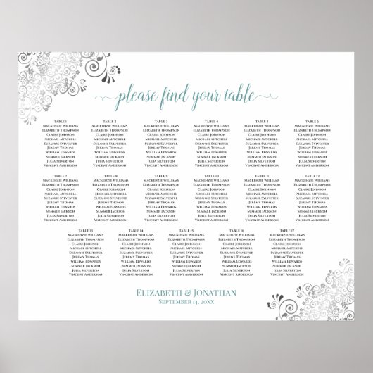 17 Tabelle Frily White Wedding Seating Chart Aquam Poster (Vorne)