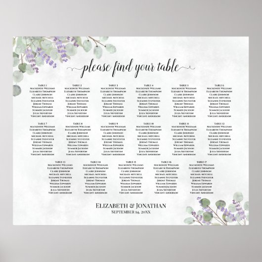 17 Tabelle Hochzeitskarte Lavendel Eukalyptus Poster (Vorne)