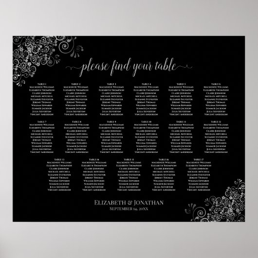 17 Tabelle Silver Frills Black Wedding Seating Cha Poster (Vorne)