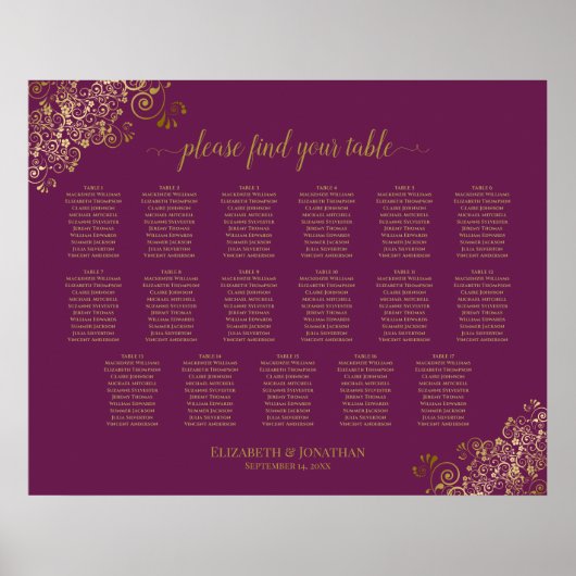 17 Table Cassis Purple Gold Wedding Seating Chart Poster (Vorne)