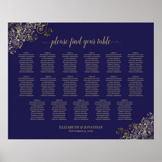 17 Table Lacy Gold Navy Blue Wedding Seating Chart Poster (Vorne)