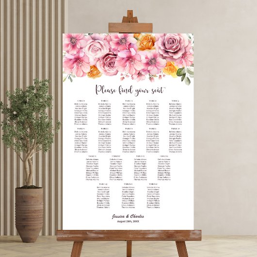 17 Tisch Elegante rosa Blumen Hochzeit Sitzordnung Poster