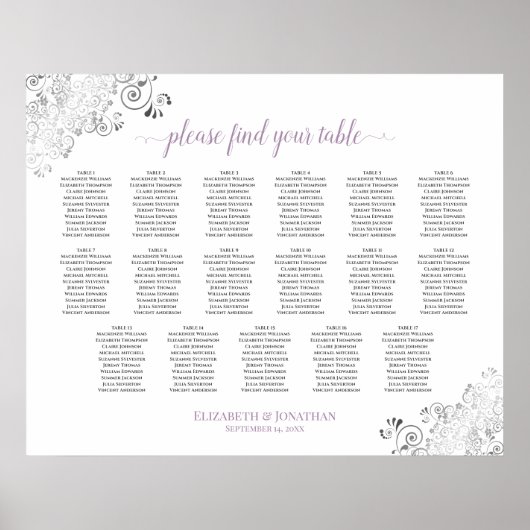 17 Tischlacy White Wedding Seating Chart Lavender Poster (Vorne)