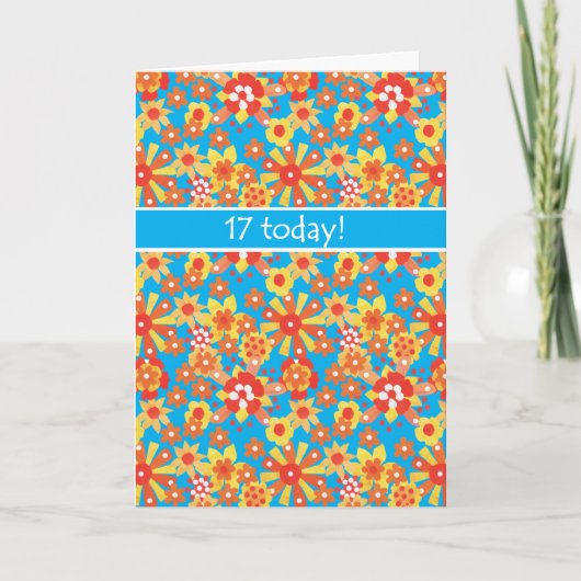 17th Birthday Card, Ditsy Orange Flowers Karte (Vorderseite)