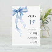 17th Birthday Invitation Blue Bow for Girls Einladung (Stehend Vorderseite)