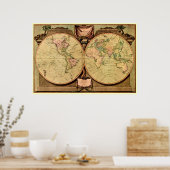 1808 Kapitän Cooks Doppelhalbkugel Weltkarte Poster (Küche)