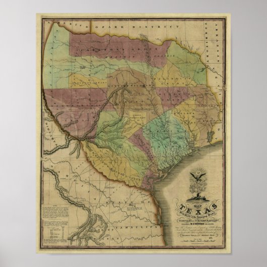 1837 Texas Map mit Teilen der angrenzenden Staaten Poster (Vorne)