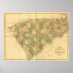 1839 North Carolina und South Carolina Karte Poster