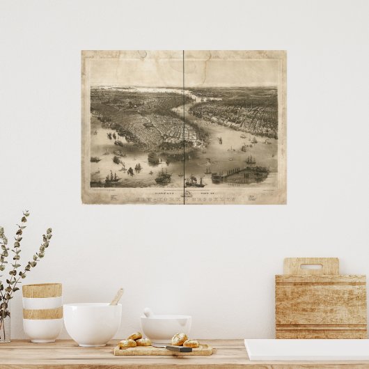 1851 New York & Brooklyn Birds Eye Panorama Karte Poster (Küche)