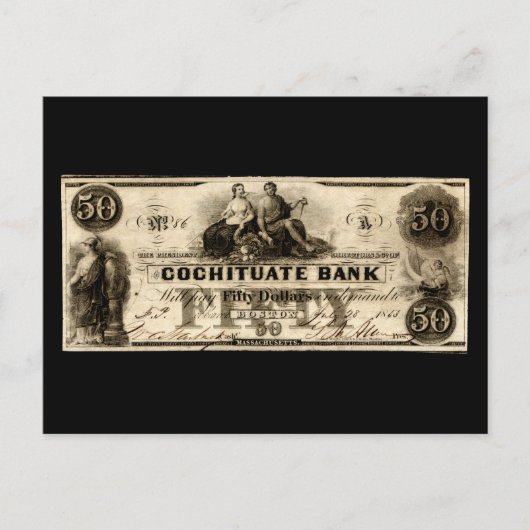 1853 Cochituate 50 Dollar Note Postkarte (Vorderseite)