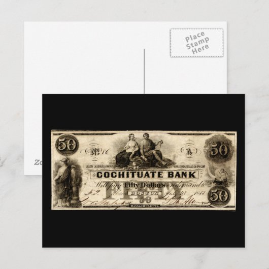 1853 Cochituate Fünfzig-Dollar-Note Postkarte (Vorne/Hinten)
