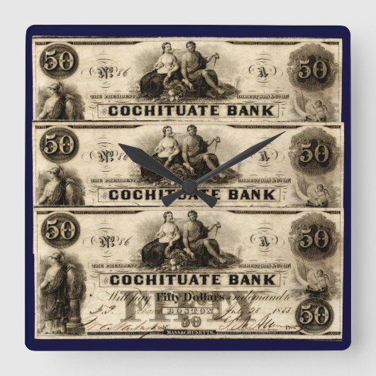 1853 Cochituate Fünfzig-Dollar-Note Quadratische Wanduhr (Vorderseite)
