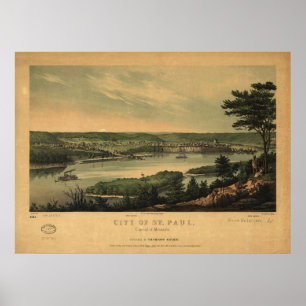 1853 Saint Paul, MN Birds Augen Panoramablick Kart Poster