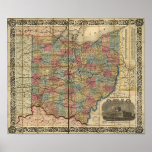 1854 Antike Eisenbahnkarte von Ohio Poster
