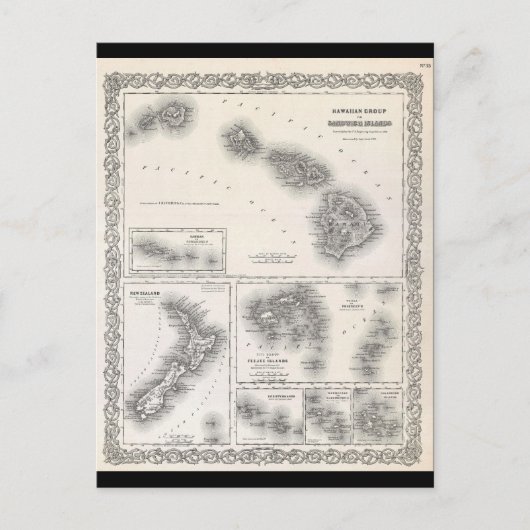 1855 Colton Map von Hawaii und Neuseeland Postkarte (Vorderseite)