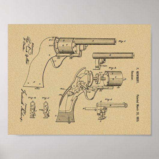 1855 Gun Revolver Patent Art Zeichnend Print Poster (Vorne)