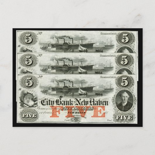 1855 New Haven Five Dollar Note Postkarte (Vorderseite)