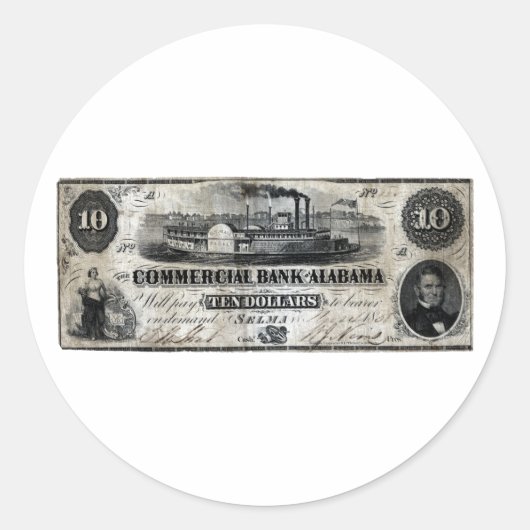 1858 Alabama-Zehn-Dollar-Note Runder Aufkleber (Vorderseite)
