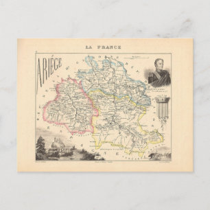 1858 Map of Ariege Department, Frankreich Postkarte
