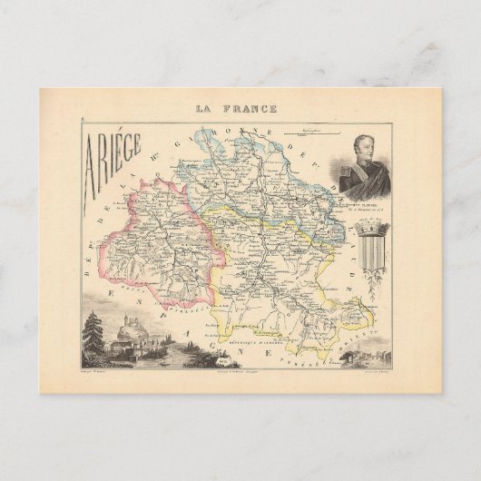 1858 Map of Ariege Department, Frankreich Postkarte (Vorderseite)