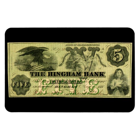 1860 Hingham Massachusetts 5 Dollar Note Magnet (Horizontal)