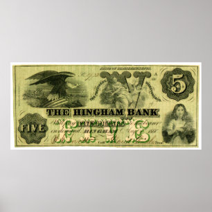 1860 Hingham Massachusetts 5 Dollar Note Poster