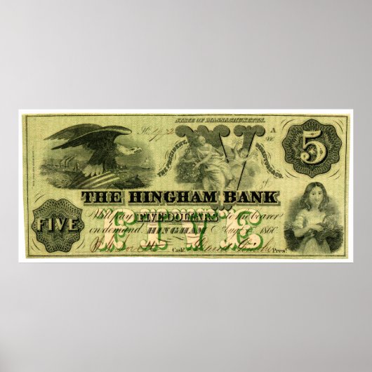 1860 Hingham Massachusetts 5 Dollar Note Poster (Vorne)