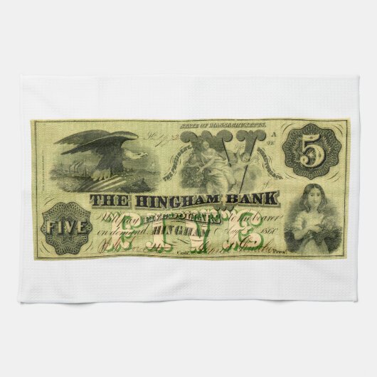 1860 Hingham Massachusetts Fünf-Dollar-Note Geschirrtuch (Horizontal)