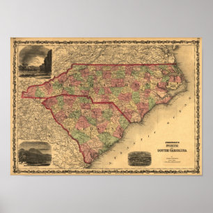 1861 North Carolina und South Carolina Karte Poster