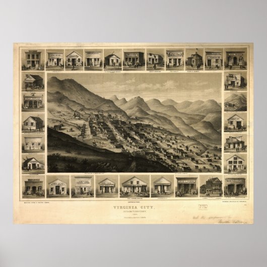 1861 Virginia City NV Birds Eye Panoramablick Kart Poster (Vorne)