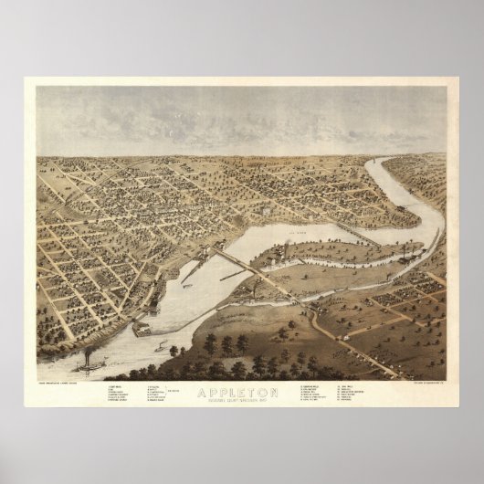 1867 Appleton, WI Birds Eye Panoramablick Karte Poster (Vorne)
