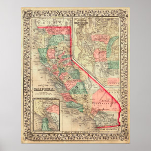 1867 Karte, Kalifornien, Vintage Poster
