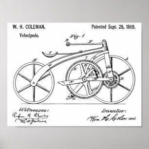 1869 Chainless Bicycle Patent Art Zeichnend Print Poster