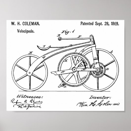 1869 Chainless Bicycle Patent Art Zeichnend Print Poster (Vorne)