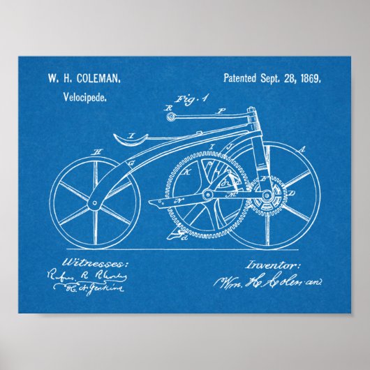 1869 Chainless Bicycle Patent Art Zeichnend Print Poster (Vorne)