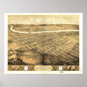 1869 Lawrence, KS Birds Augen Panoramablick Karte Poster