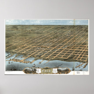 1870 Erie, PA Birds Eye Panorama Karte Poster