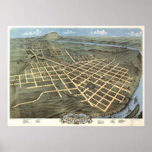 1871 Chattanooga, TN Birds Eye Panoramablick Karte Poster (Vorne)