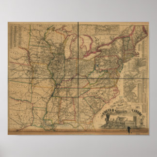 1871 Eisenbahn und Distance Map of U.S. & Kanada Poster