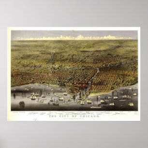 1874 Chicago, IL Birds Eye Panoramablick Karte Poster
