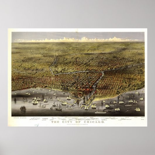 1874 Chicago, IL Birds Eye Panoramablick Karte Poster (Vorne)