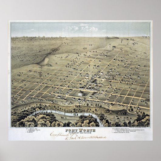 1876 Karte von Fort Worth, TX Birds Eye View Poster (Vorne)