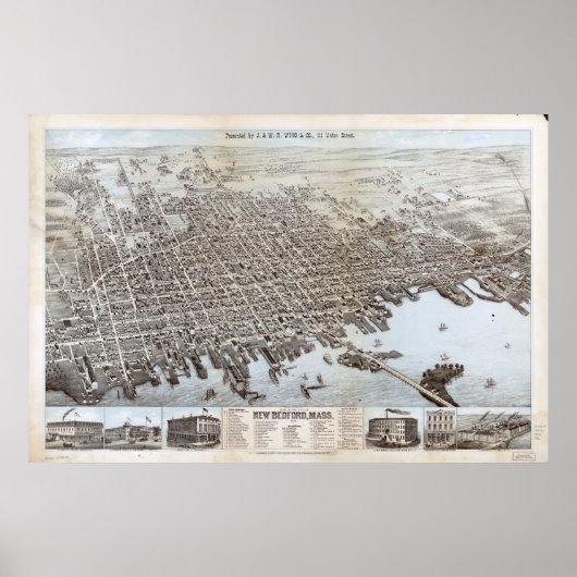 1876 New Bedford, MA Birds Eye Panoramablick Karte Poster (Vorne)