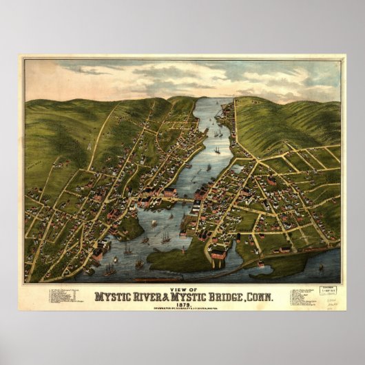 1879 Mystic River & Bridge CT Panoramablick Poster (Vorne)