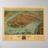 1879 New York City NY Birds Eye Panoramablick Kart Poster (Vorne)